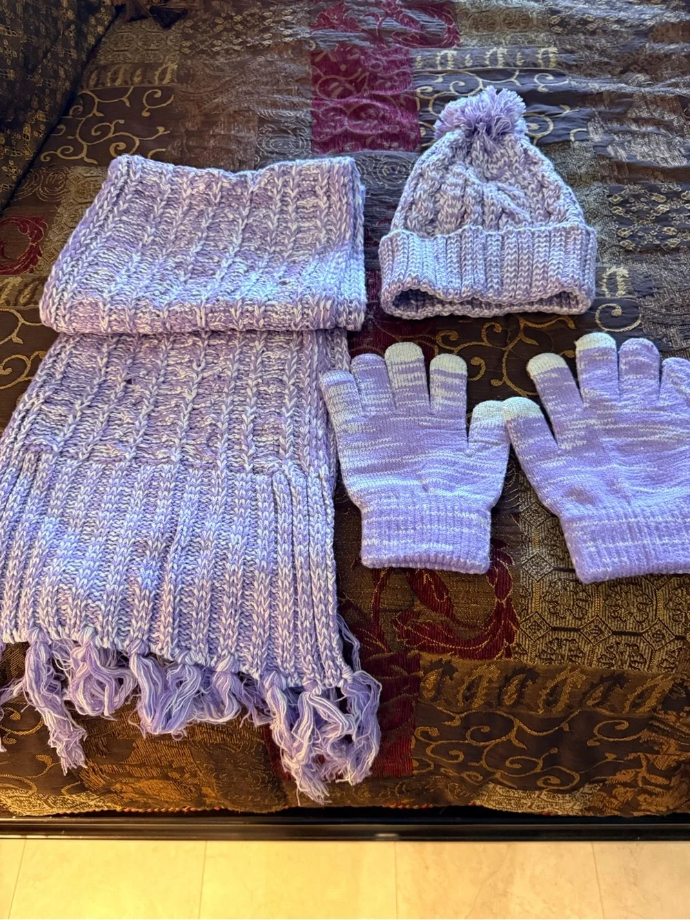 Ladies Lavender Knit Winter Hat, Scarf & Gloves Set